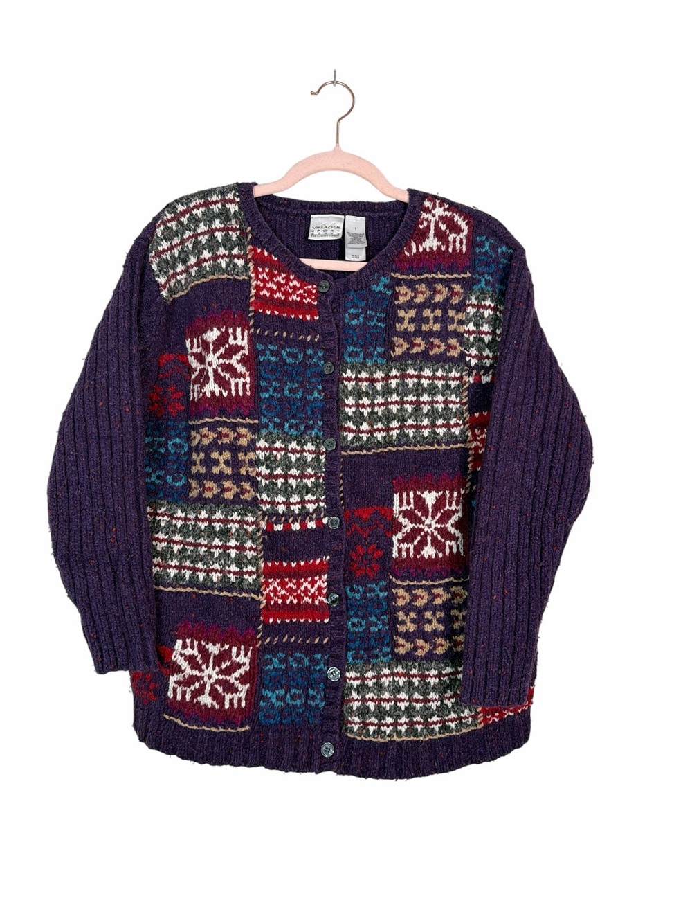 Villager Sport Woman Silk Blend Purple Fair Isle Patchwork Cardigan Size 1X